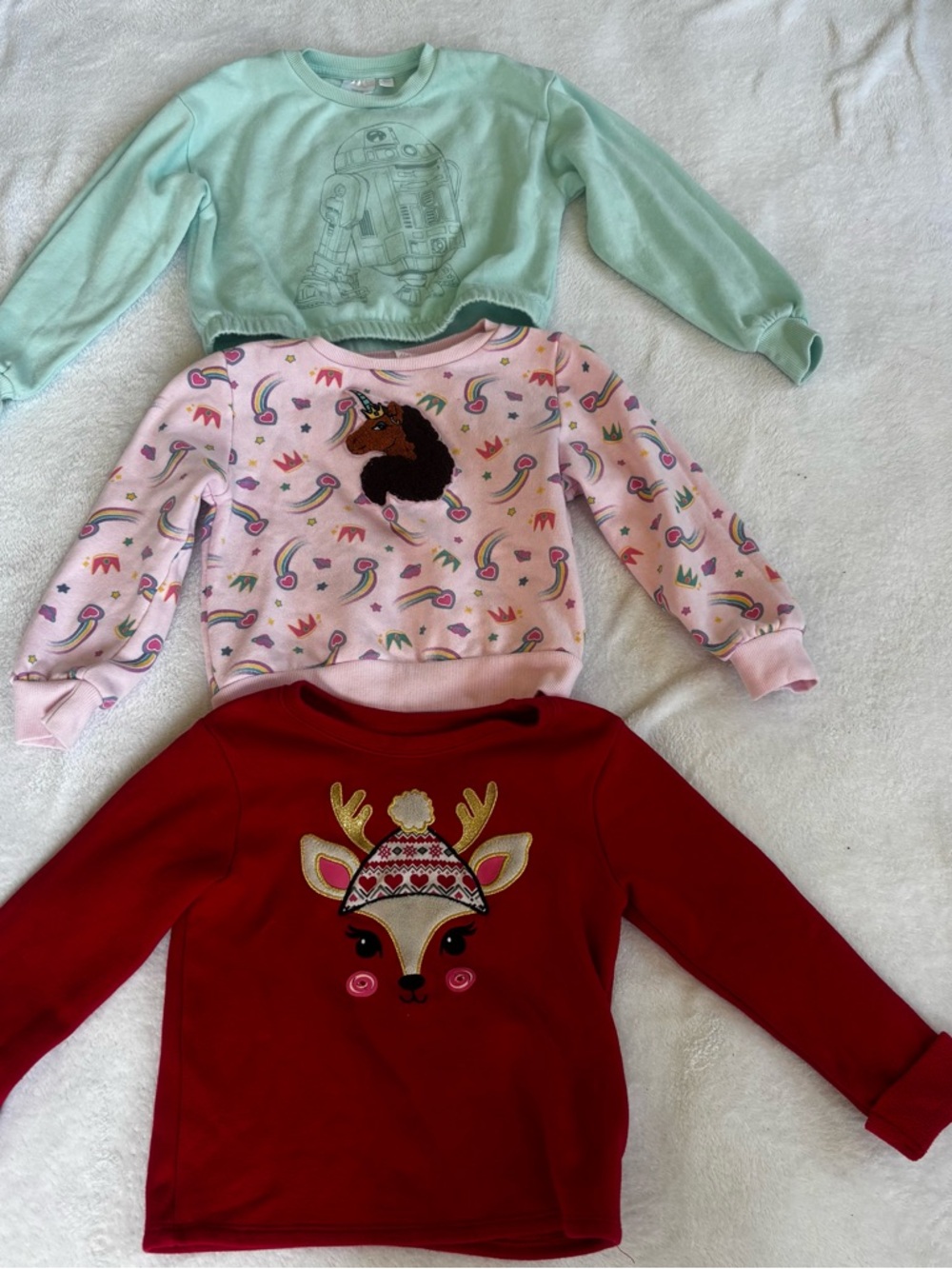 Set of 3 Cozy Girls' Sweatshirts | Disney R2-D2, Unicorn & Holiday Reindeer